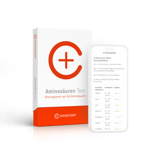 Verpackung des cerascreen Aminosäuren Tests und Smartphone-Display mit Vorschau des Testergebnisses