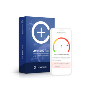 Verpackung des cerascreen Long COVID Tests und Smartphone-Display mit Vorschau des Testergebnisses.