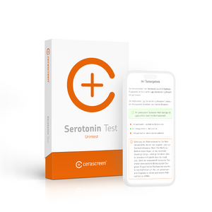 Verpackung des cerascreen Serotonin Tests und Smartphone-Display mit Vorschau des Testergebnisses